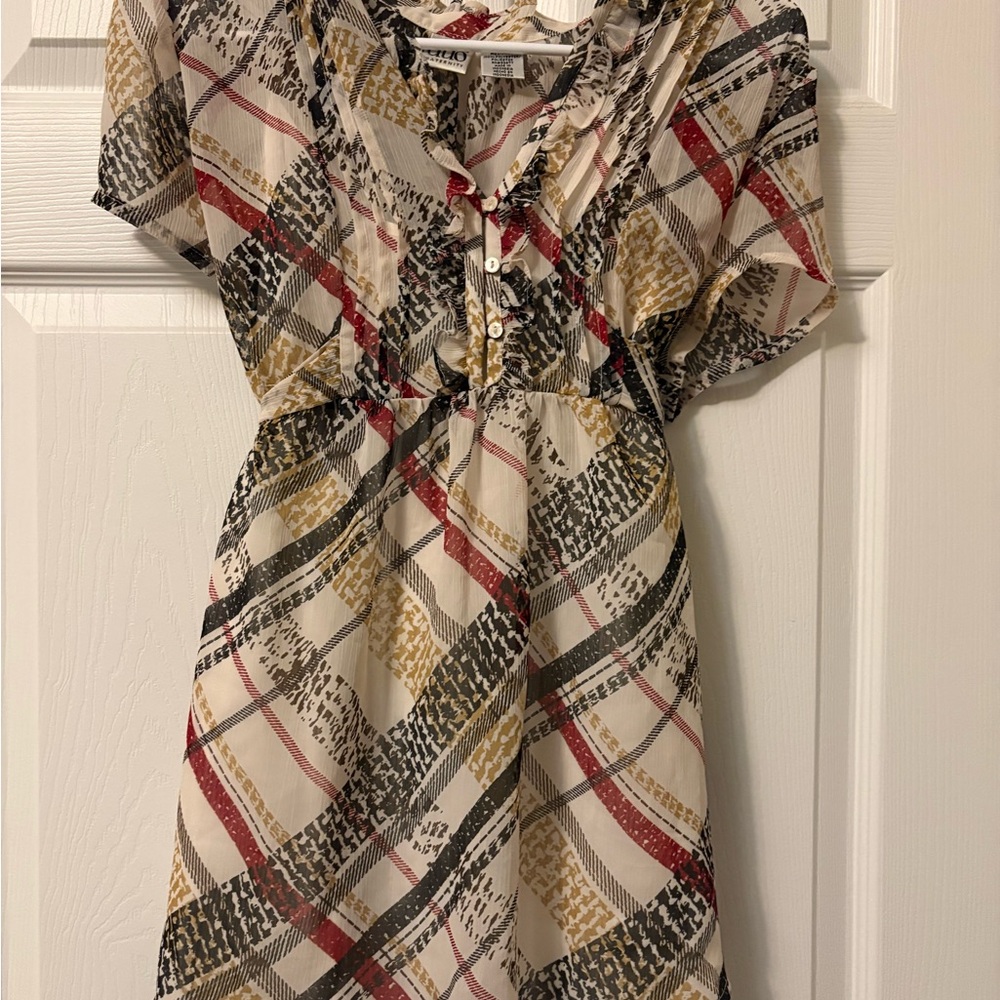 duo Maternity Cream Plaid Ruffle Maternity Blouse with Red, Black, Gold Accents